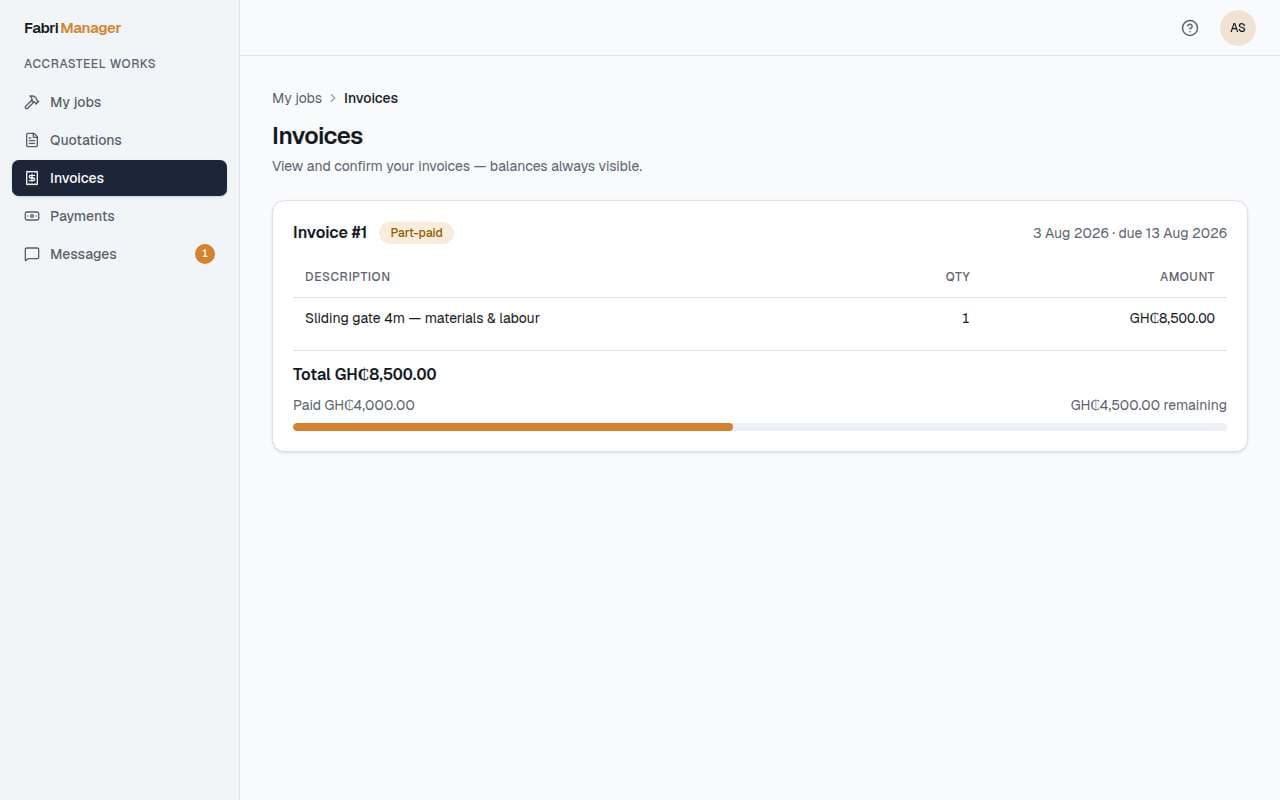 The client portal, where a customer sees their own invoices and balances.