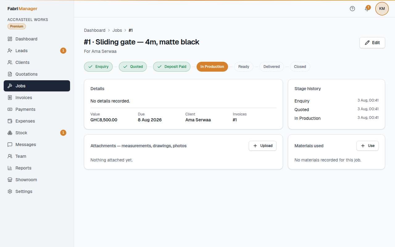 A job record in Fabri Manager, showing its stage, assigned team members, attached photos and linked quote.