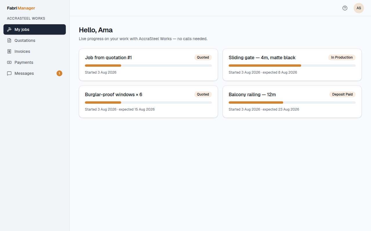 The client portal, where a customer sees their own job stages, quotes and invoices without having to call.