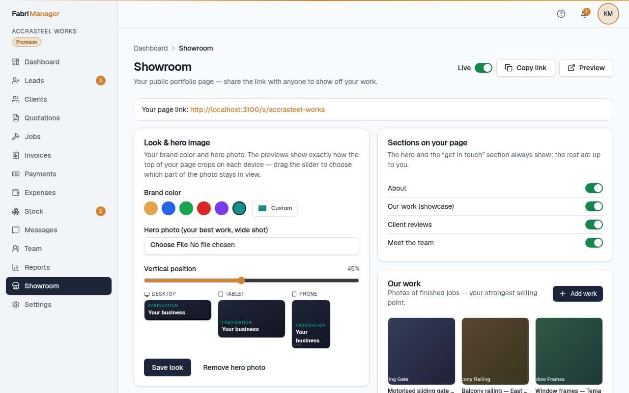 A published showroom page — the business's own portfolio of work, reviews and team, on a link they can share.