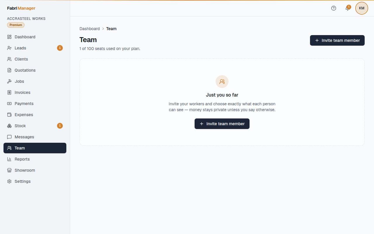 Team permissions in Fabri Manager — each person granted access per module, with payments and profit hidden from workers.