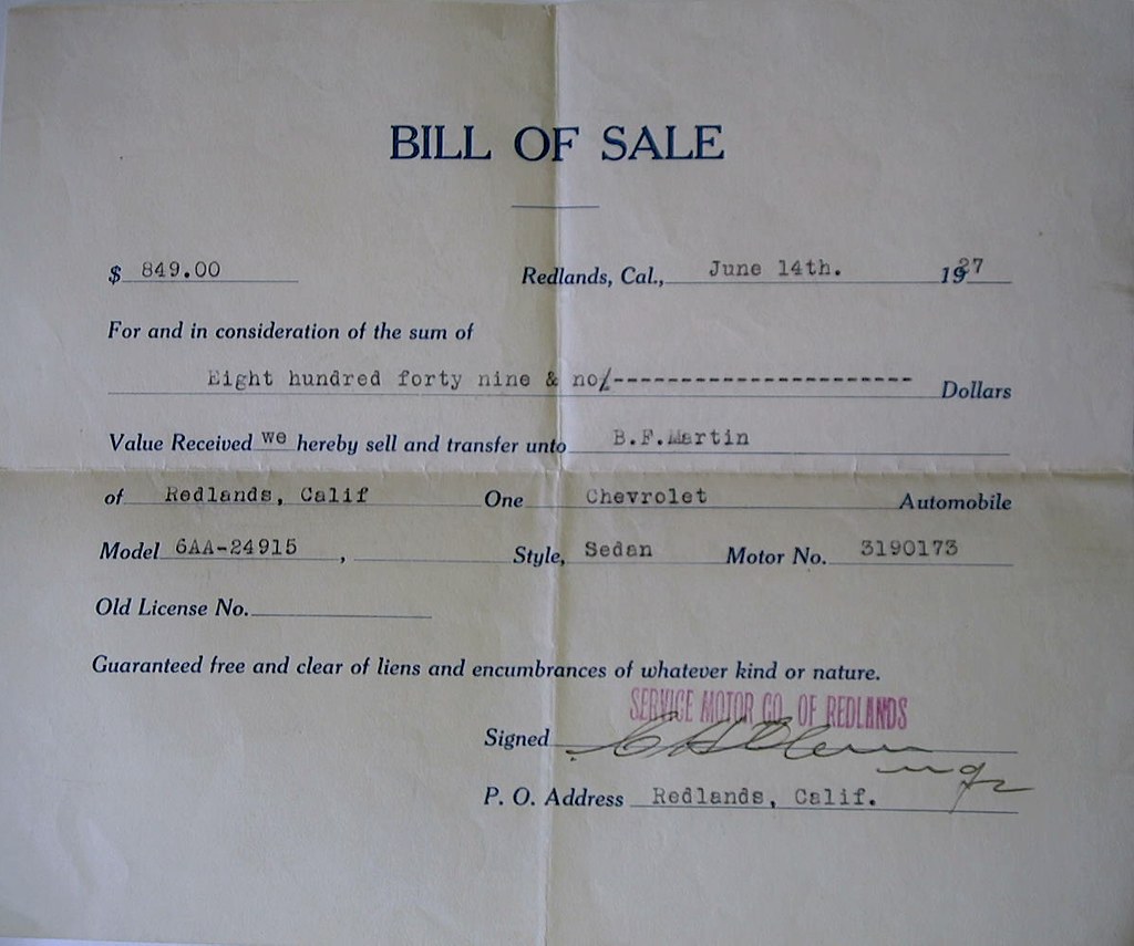 A bill of sale from 1927 — the four documents have not changed much — Photo: dlofink (CC BY 2.0)
